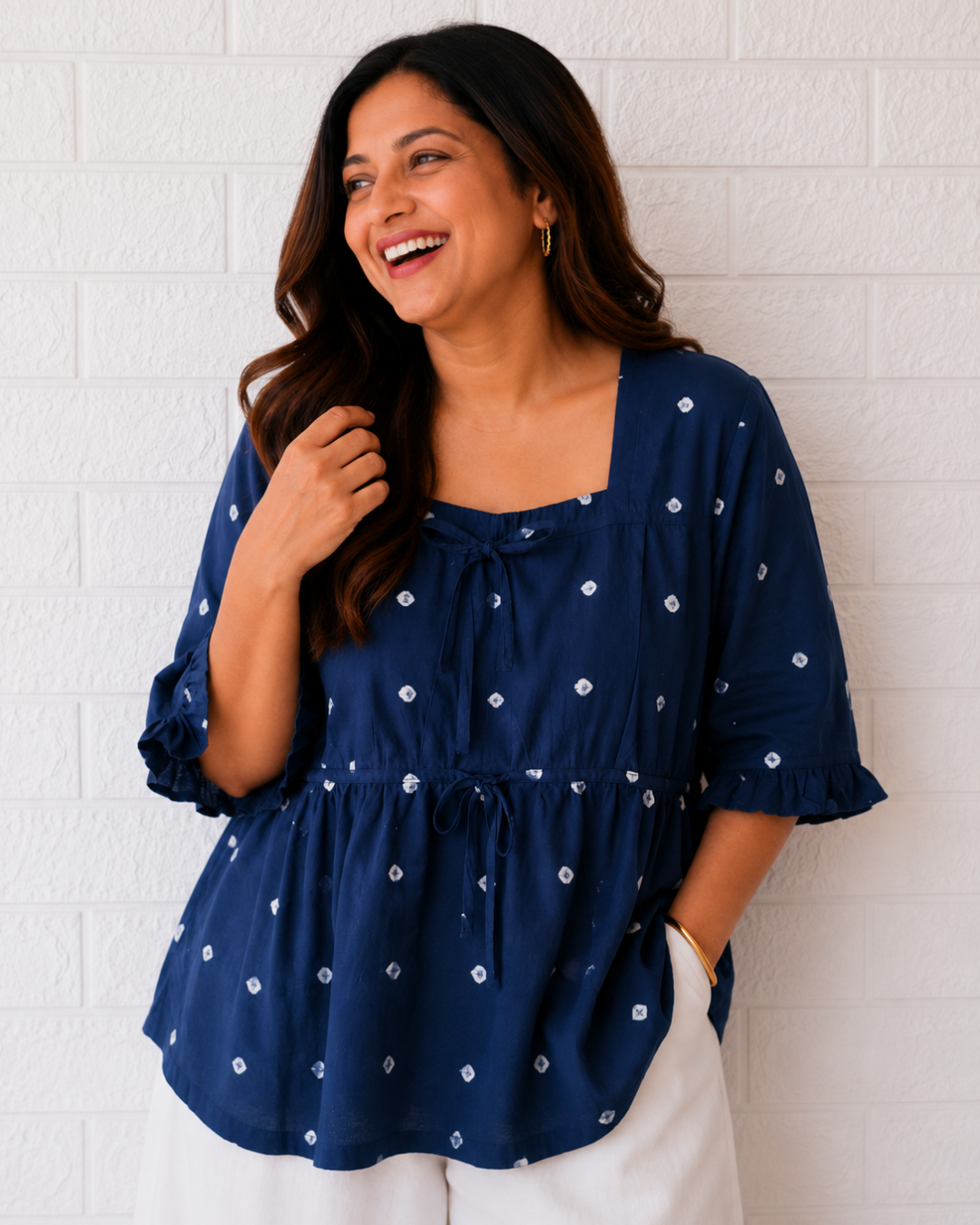 Neeli Bindu Tie-Up Cotton Top