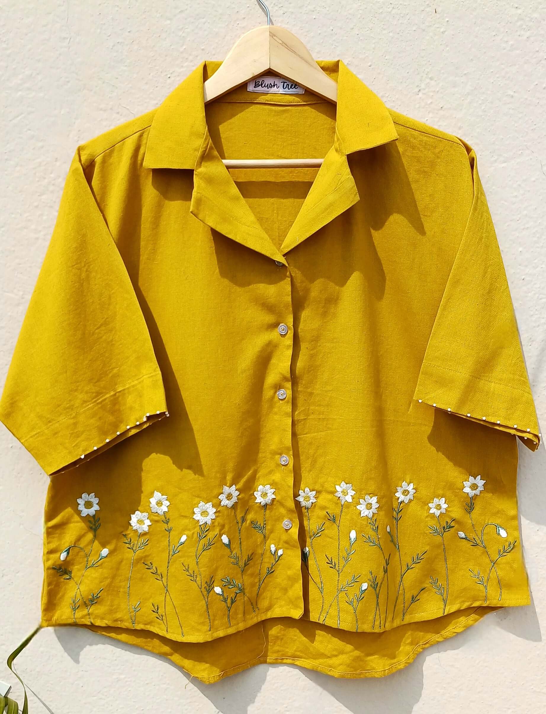 Yellow Sunshine Cotton Shirt with white floral embroidery and beadwork on 3/4th sleeves, made of pure cotton, in plus sizes.